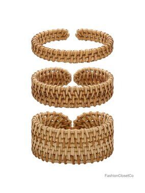 3 Pcs Rattan Bracelet Set Boho Handwoven Wooden Braided Open Cuff Bangle